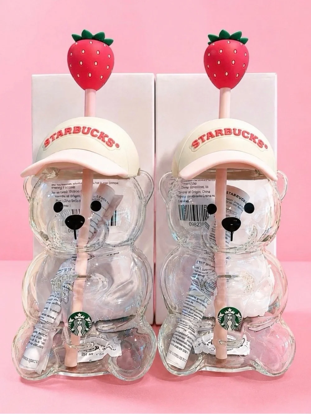 NWT Starbucks Limited Edition Pink Bearista Glass Cup set of 2 Strawberry